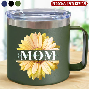 Mom Grandma Flower Daisy Color And Kids-Personalized 14oz Stainless Steel Tumbler With Handle-Gift For Grandma And Mom