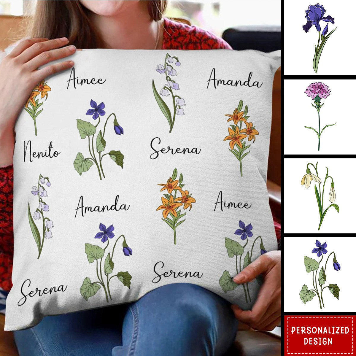 Family Members With Birth Flowers - Personalized Pillow-Gift For Family And Friends