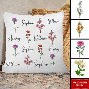 Family Members With Birth Flowers - Personalized Pillow-Gift For Family And Friends