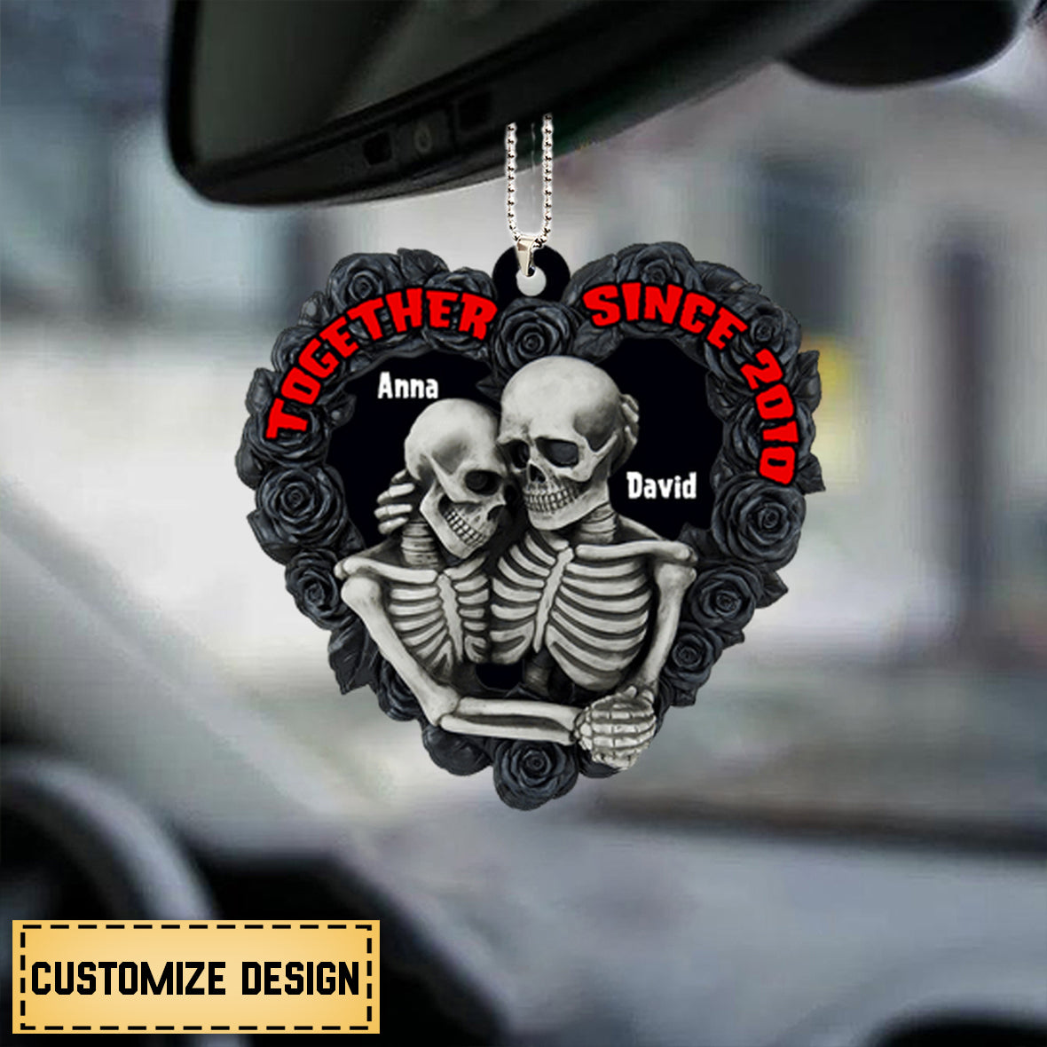 Personalized Skeleton Couple Car hanging Ornament, Gift For Couple, Black Rose Heart Shape