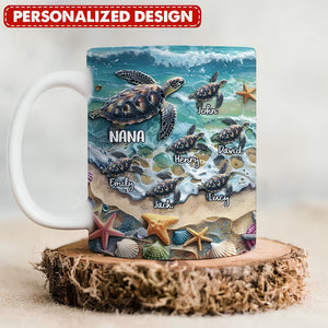 Sea Turtle Grandma Auntie Mom Kids On Beach-Personalized Mug-Gift For Mom And Grandma