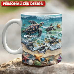 Sea Turtle Grandma Auntie Mom Kids On Beach-Personalized Mug-Gift For Mom And Grandma