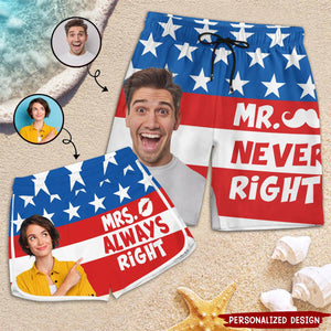 Mr Never Right Mrs Always - Personalized Custom Couple Beach Shorts - Gift For Couple