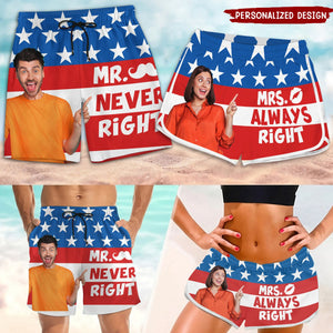 Mr Never Right Mrs Always - Personalized Custom Couple Beach Shorts - Gift For Couple