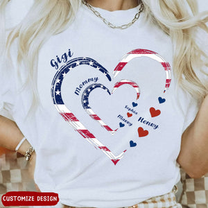 4th of July Grandma Mom Kids Heart to Heart Personalized 3D White T-Shirt