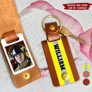 Personalized Upload Your Firefighter Photo Custom Name Leather Keychain Printed