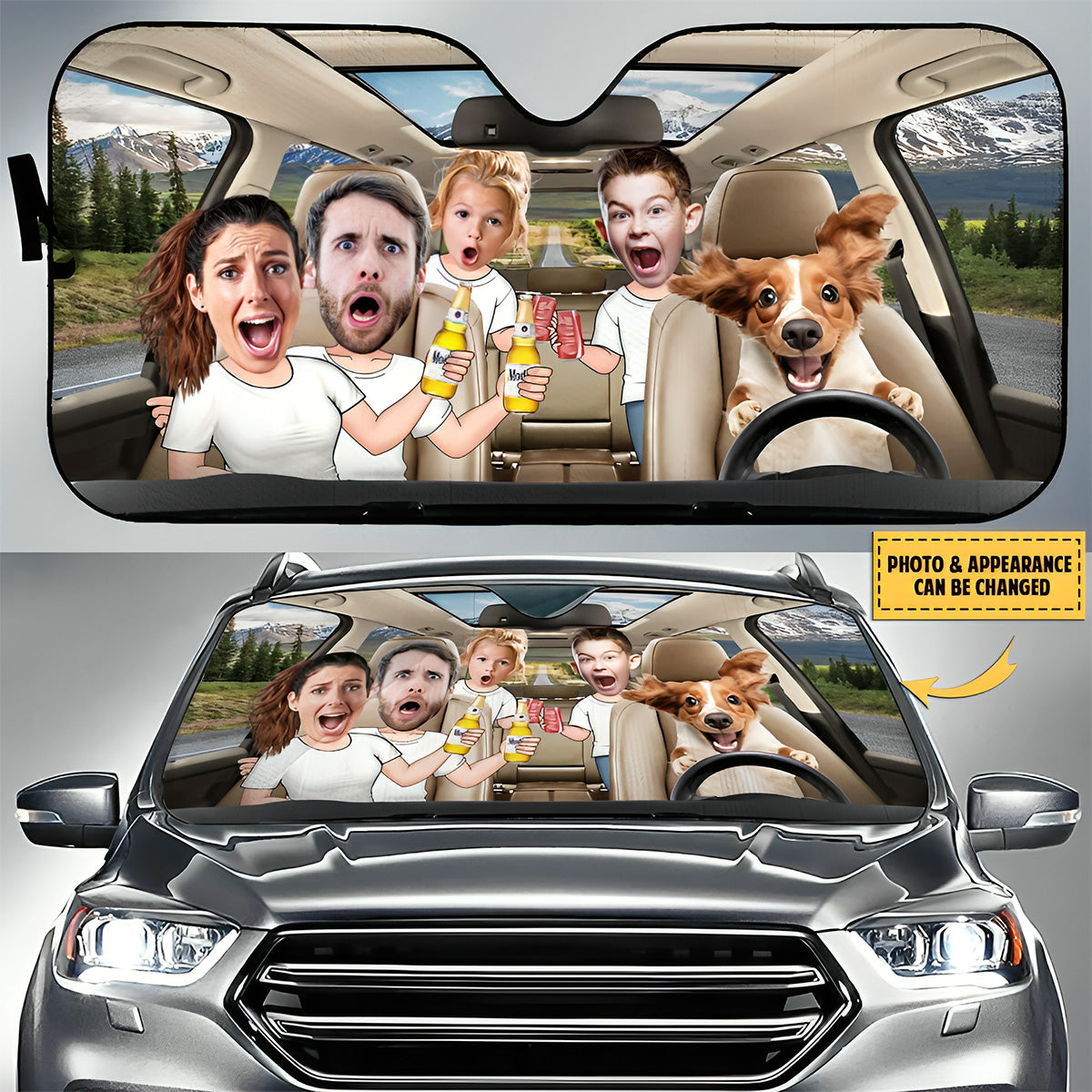 Couple With Kids And Dog-Personalized Photo Auto Windshield Sunshade-Gift Idea For Family/ Couple/ Dog Lover