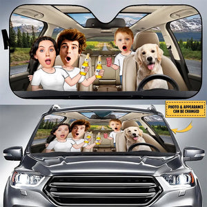 Couple With Kids And Dog-Personalized Photo Auto Windshield Sunshade-Gift Idea For Family/ Couple/ Dog Lover